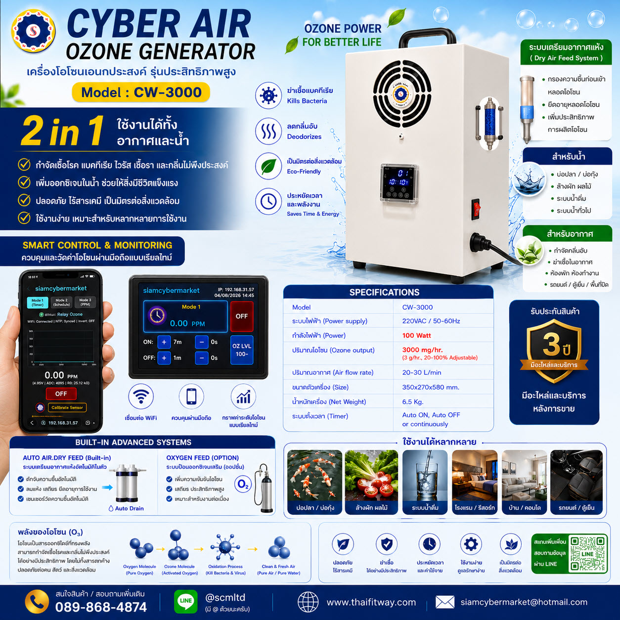 เครื่องผลิตน้ำโอโซนรุ่น CW-3G  กำลังผลิตโอโซน 3 g/hr.